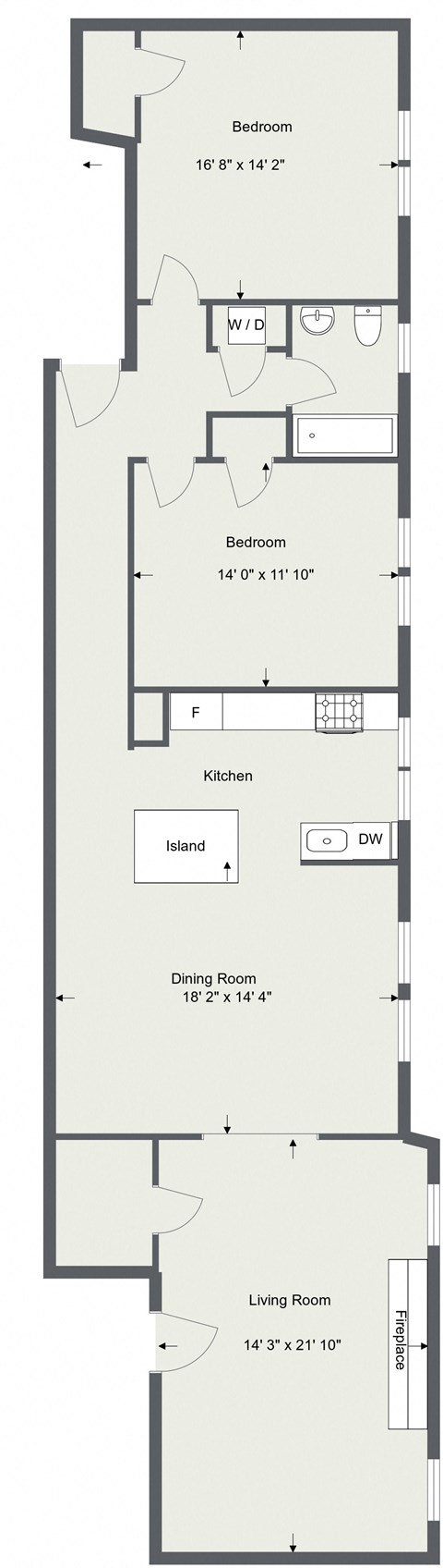 Floor plan for 2 beds, 1 bath, 1480 sqft